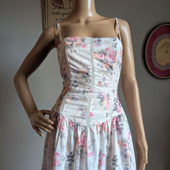 NWOT Floral Maxi Dress Drop Waist Gown Pink Cottagecore Size Medium - Picture 4 of 11